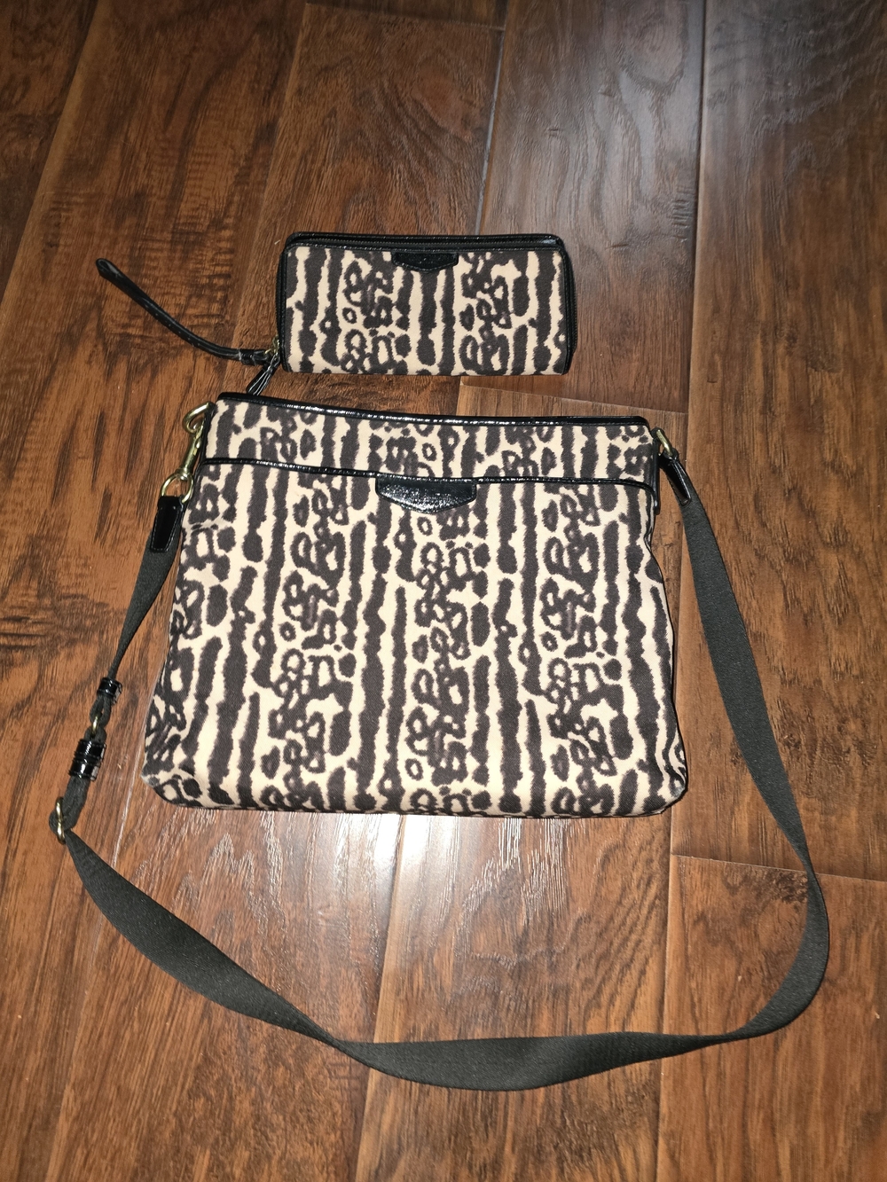 Coach Animal-Print Crossbody with Matching Wristlet - Black and Cream